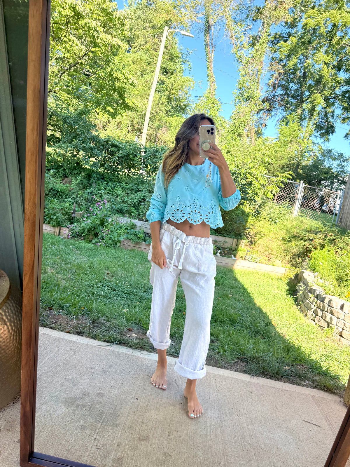Hand-Dyed Aqua Eyelet Crop Cotton Blouse