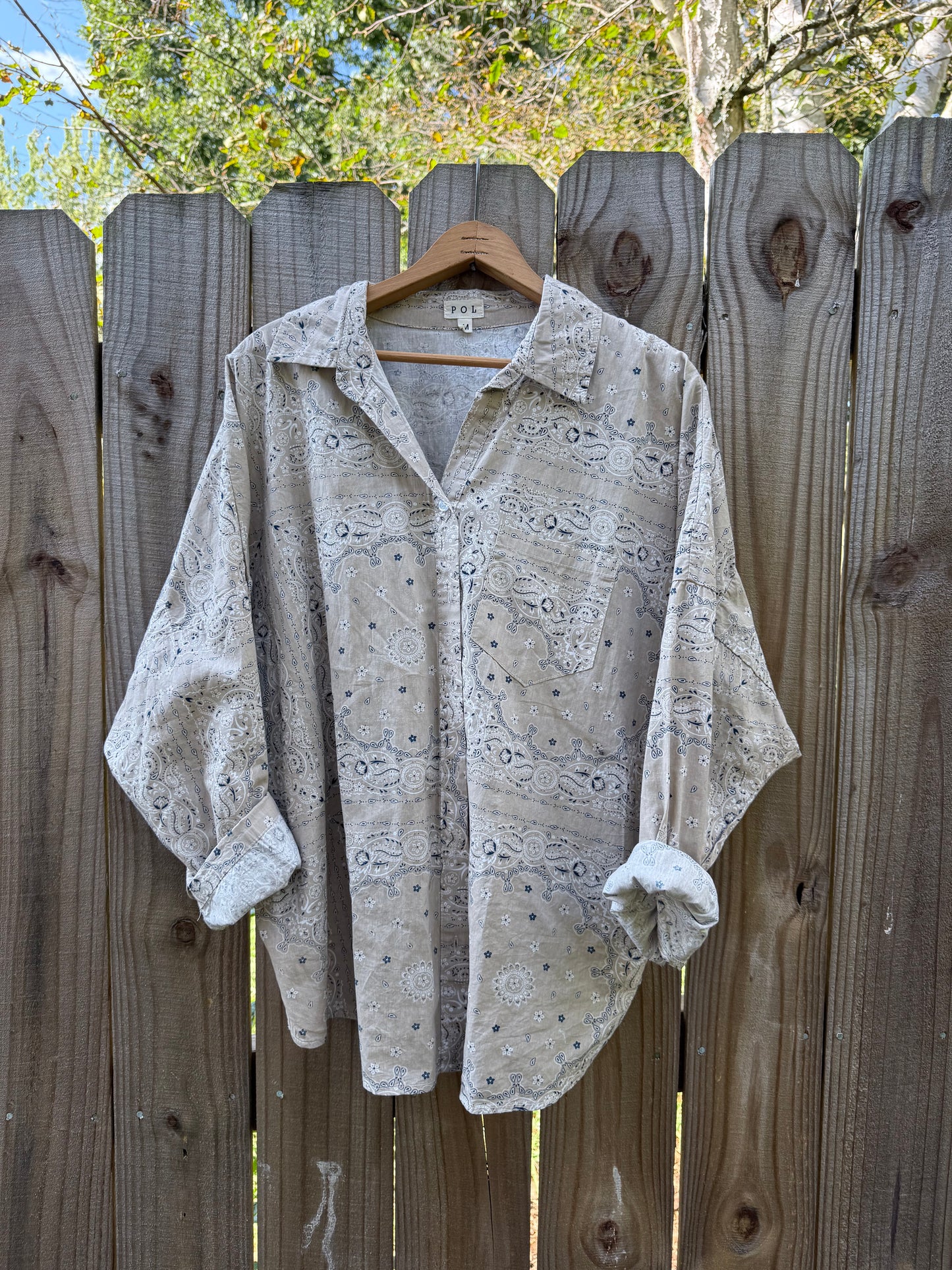Bandana Print Button-Down Shirt — Taupe / Western Luxe