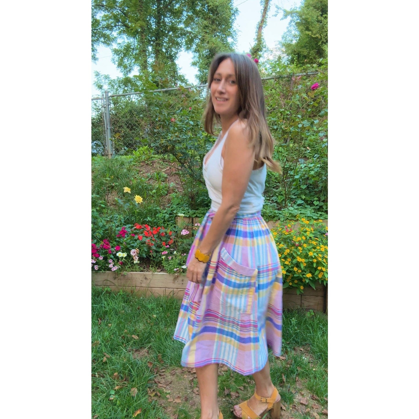 Vintage Pastel Plaid Cotton Skirt w/ Pockets