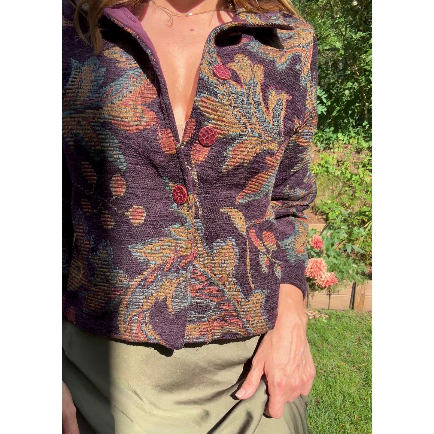 Tapestry Blanket Jacket — Plum + Olive Weave