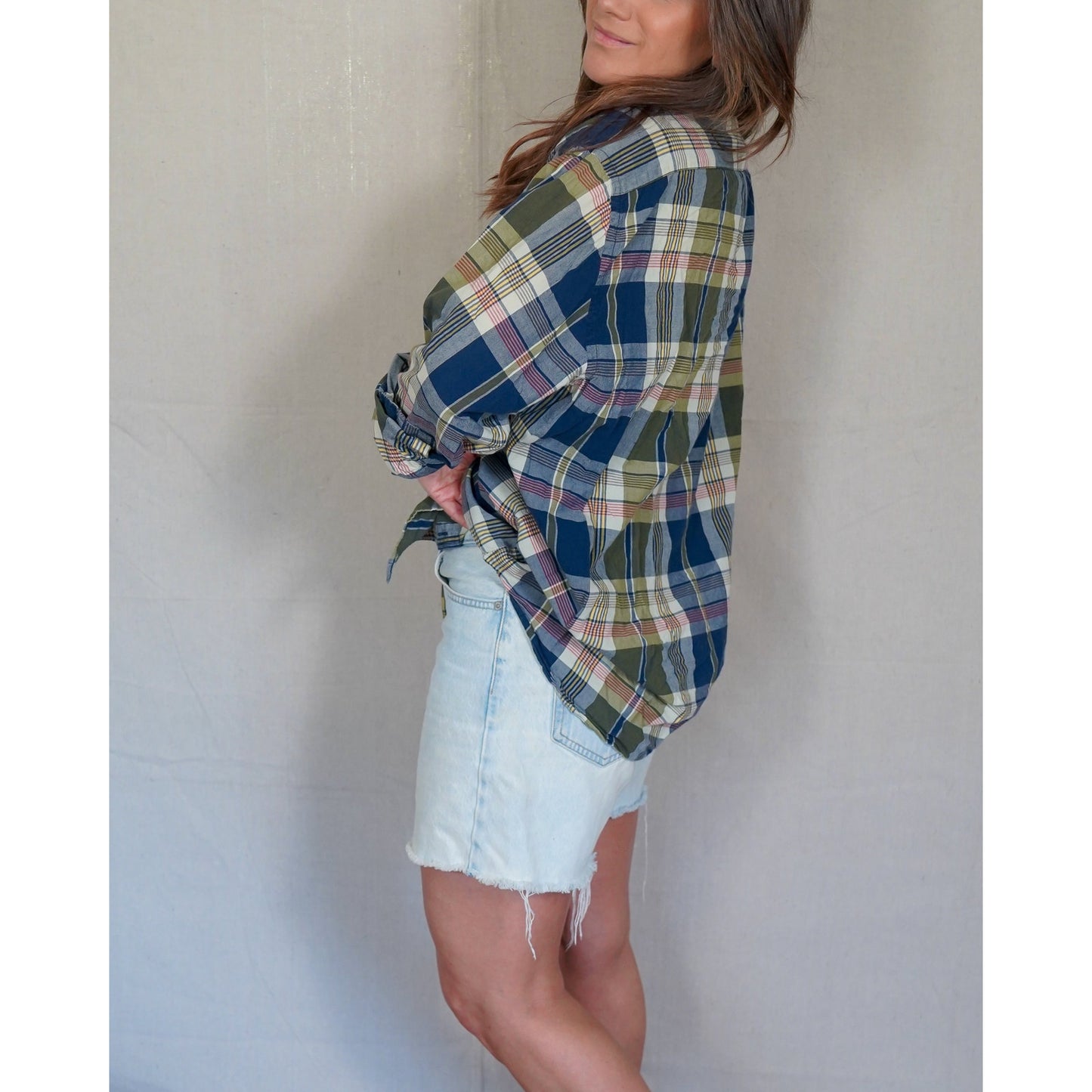 J.Crew Plaid Button Down Shirt / Washed Cotton Madras Workshirt / Oversized Layering Shirt