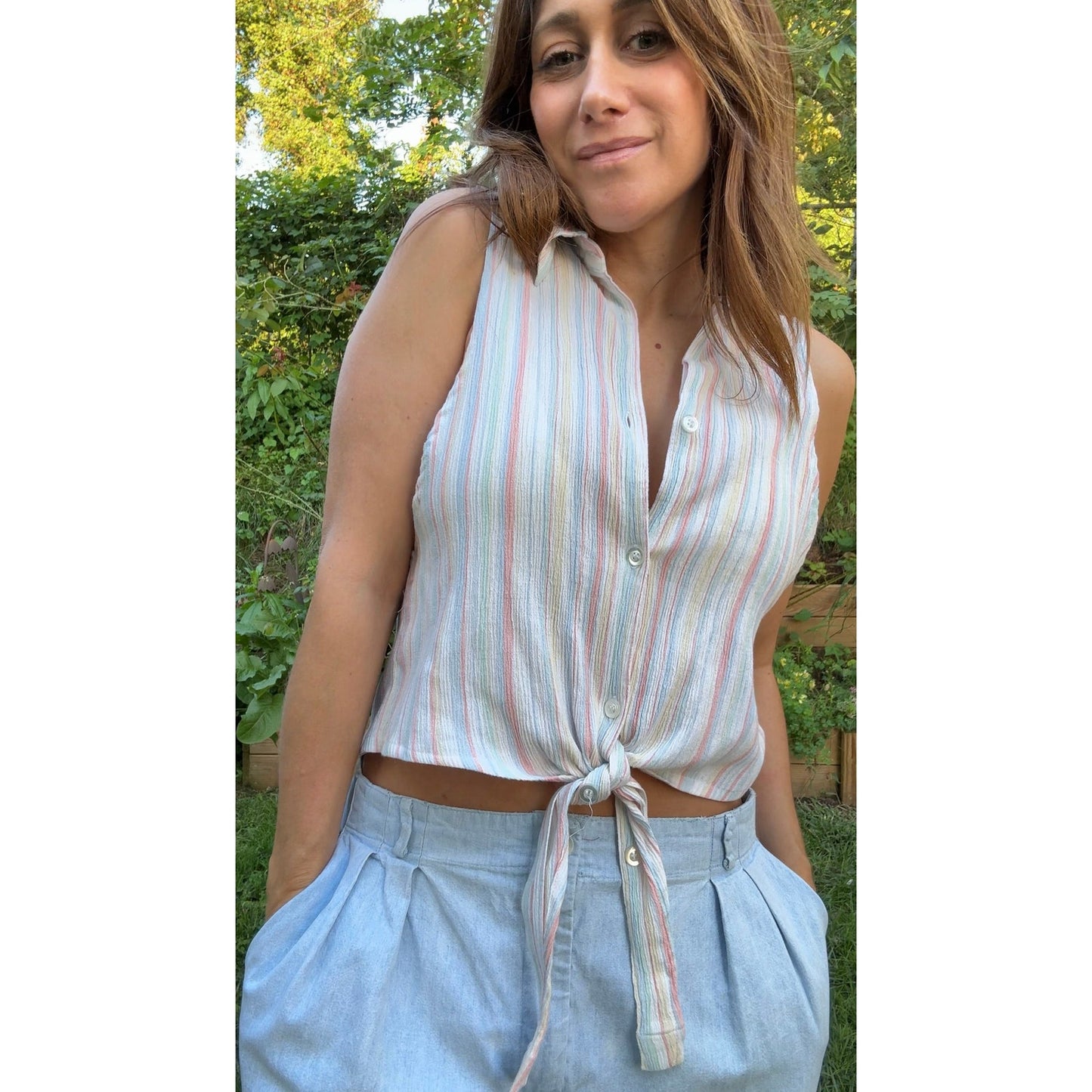 Sunday Honey Original Design — Striped Sleeveless Button-Down