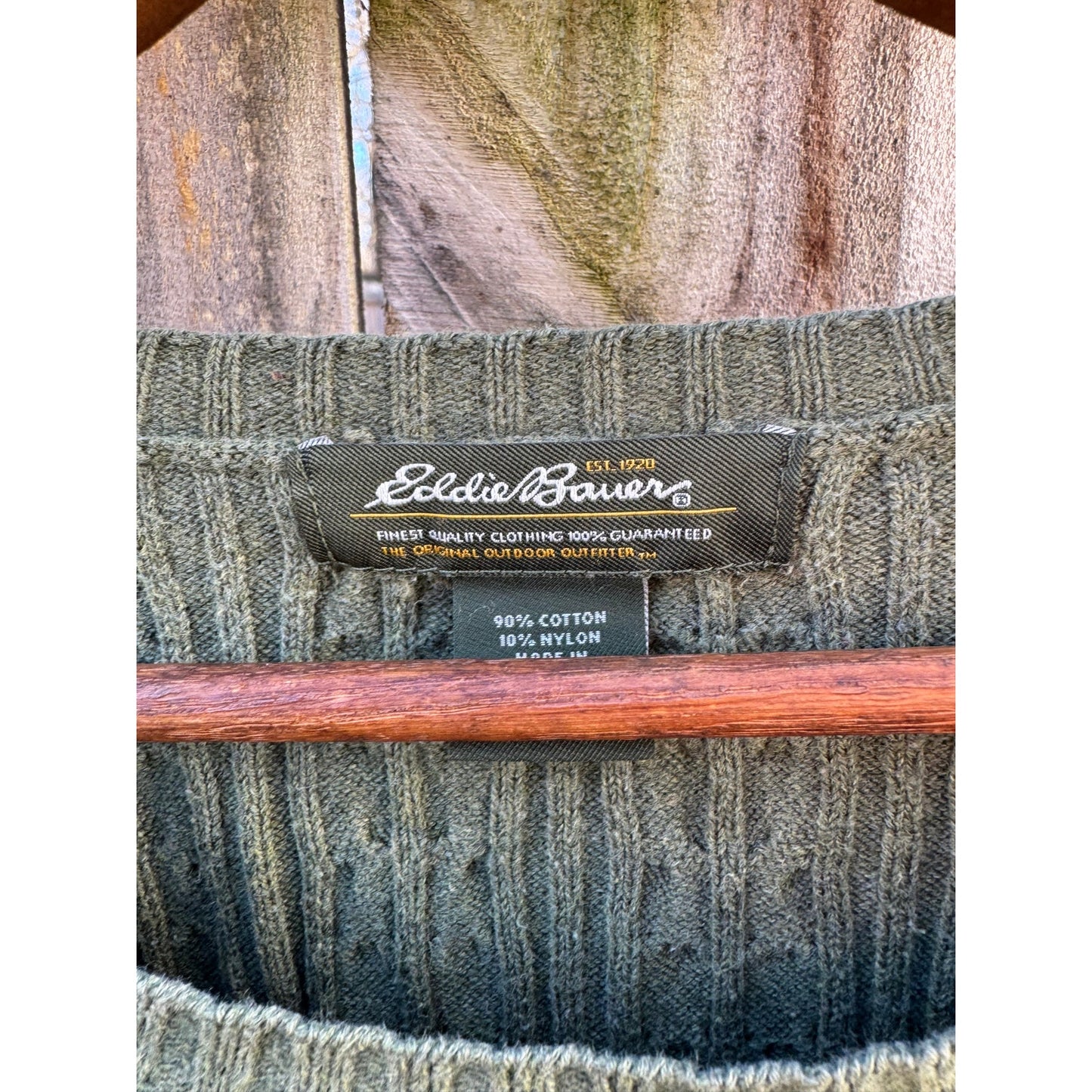 Eddie Bauer Cable Knit Sweater Olive Green – Cotton Blend, Ribbed Trim, Classic Outdoors, Fitted Crewneck