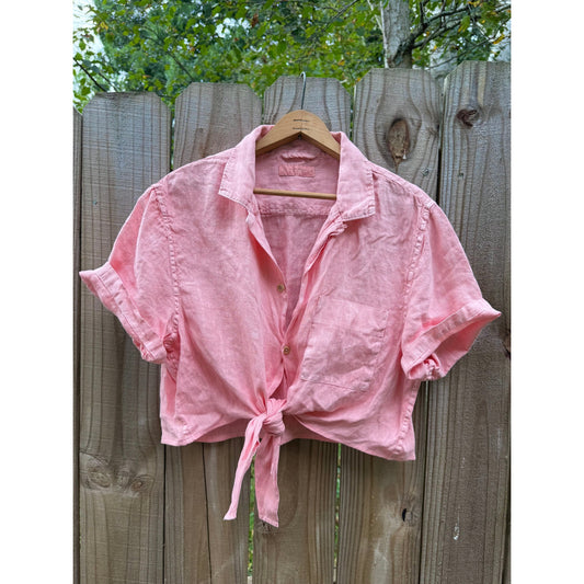 Linen Tie-Front Shirt in Summer Coral — Sunday Honey