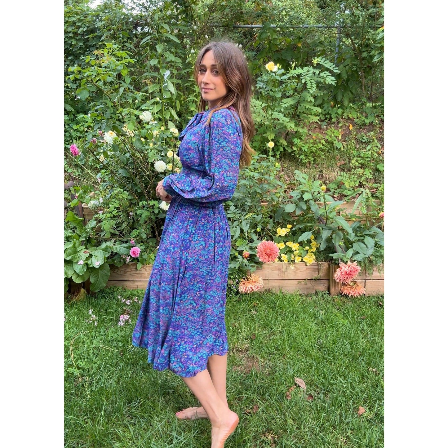 1980s Violet Prairie Dress, Peter Pan Collar, Floral Print