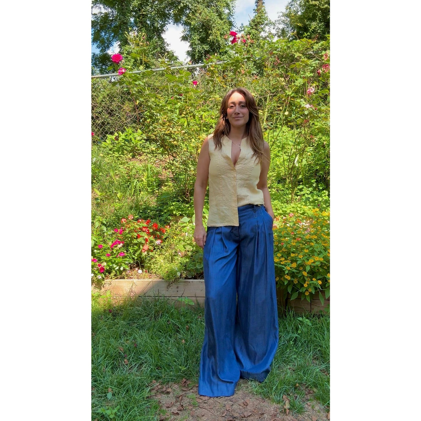 Linen-Blend Pin-Tucked Button Top – Solstice Last Light