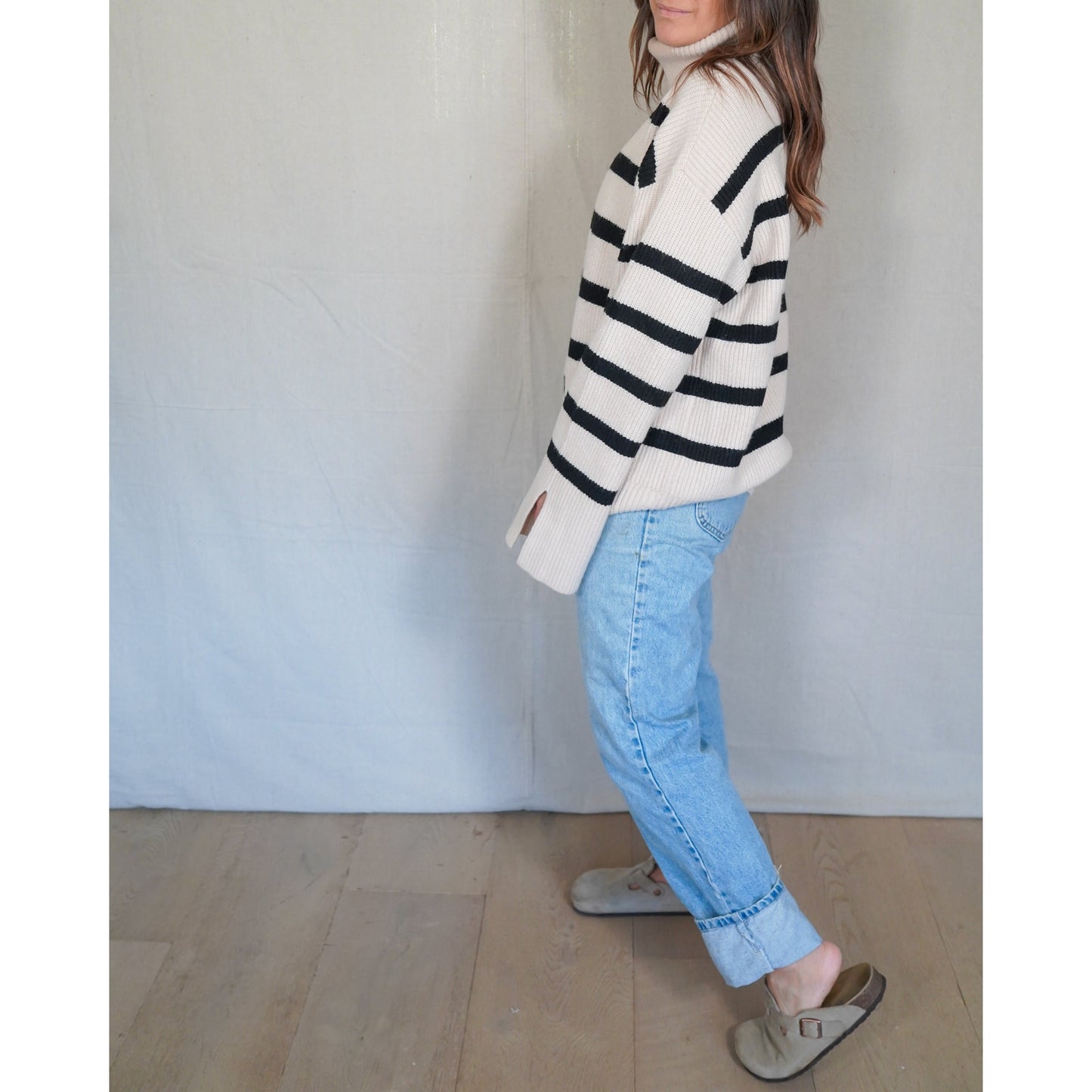 Zara Knit Striped Turtleneck Sweater Cream Black Oversized Ribbed Size L