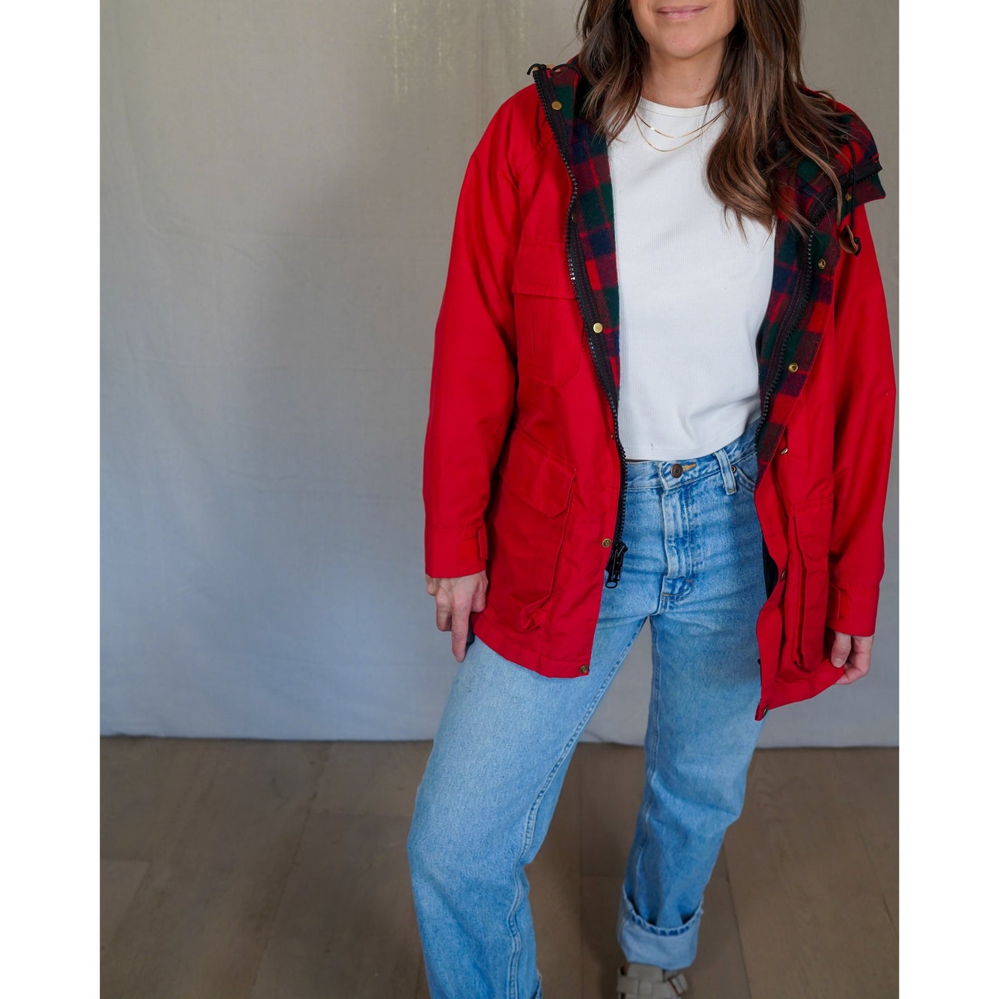 Woolrich Red Hooded Field Jacket / Plaid Lined Utility Coat