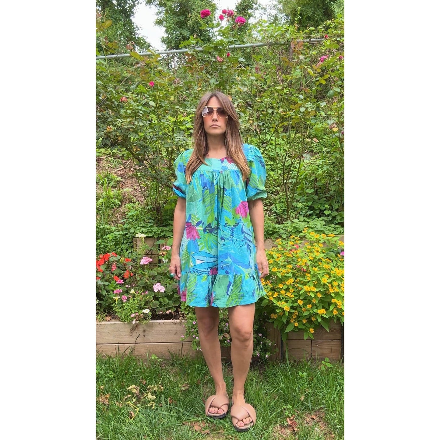90s Tropical Floral Puff Sleeve Mini Dress – Farm Rio Vibes, Summer Party