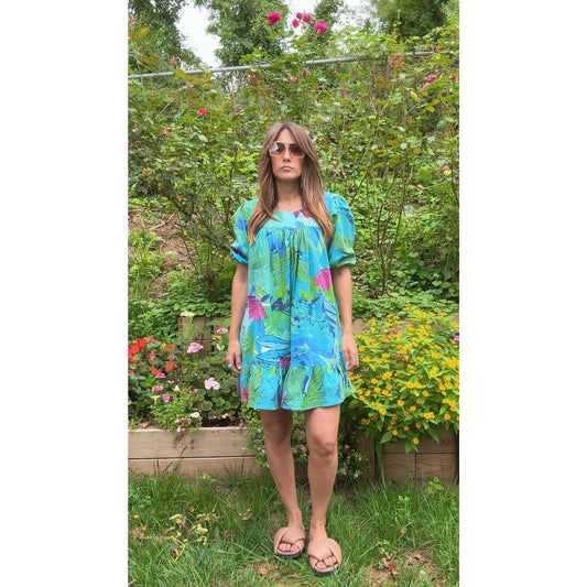90s Tropical Floral Puff Sleeve Mini Dress – Farm Rio Vibes, Summer Party