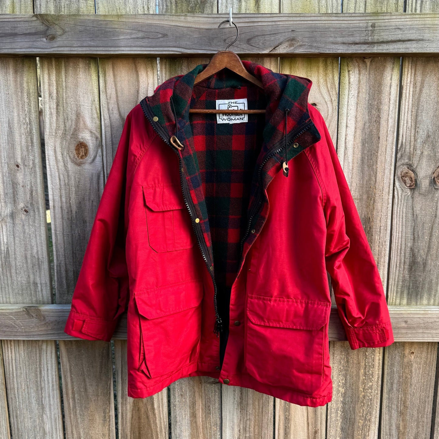 Woolrich Red Hooded Field Jacket / Plaid Lined Utility Coat