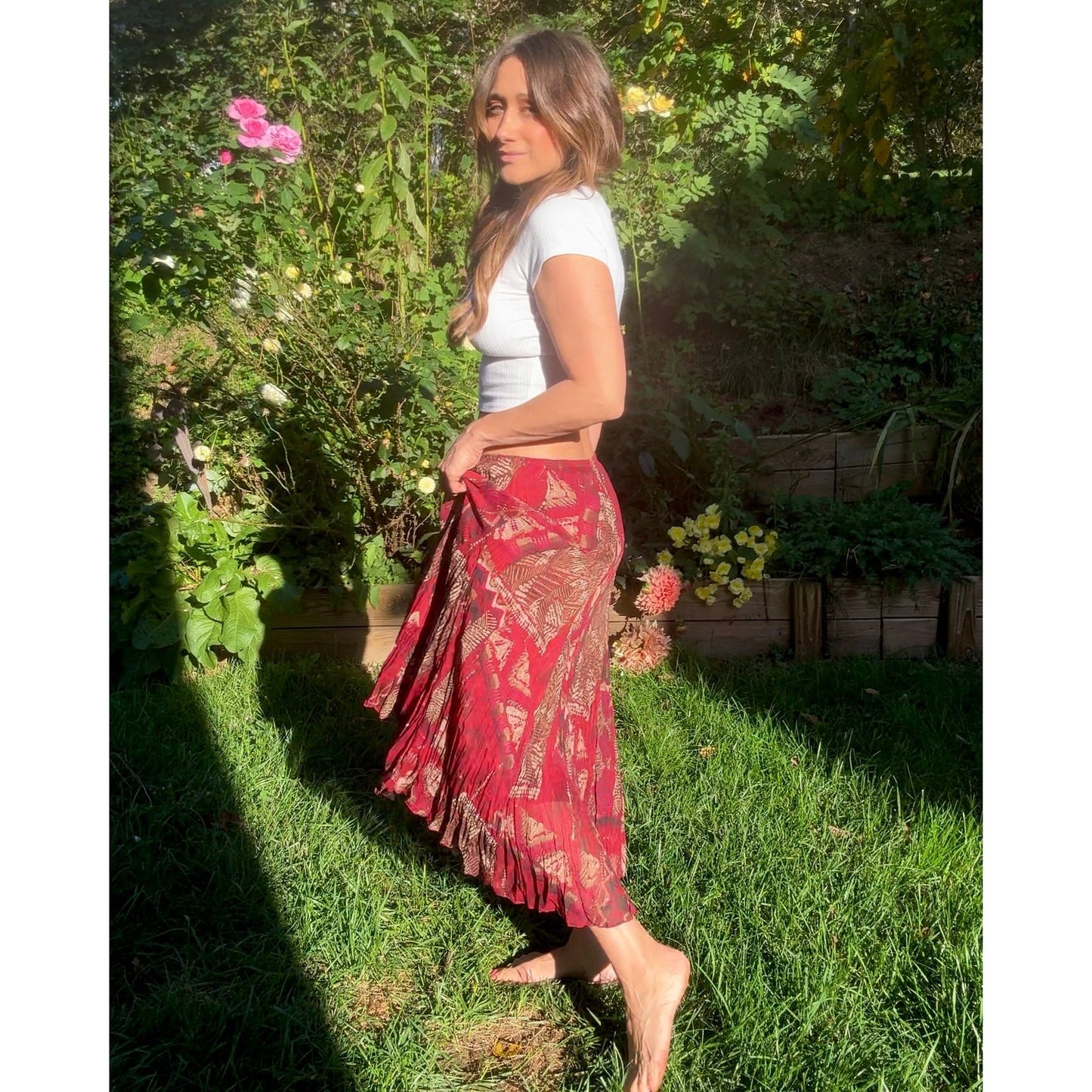 Bohemian Sunset Pleated Maxi Skirt Red
