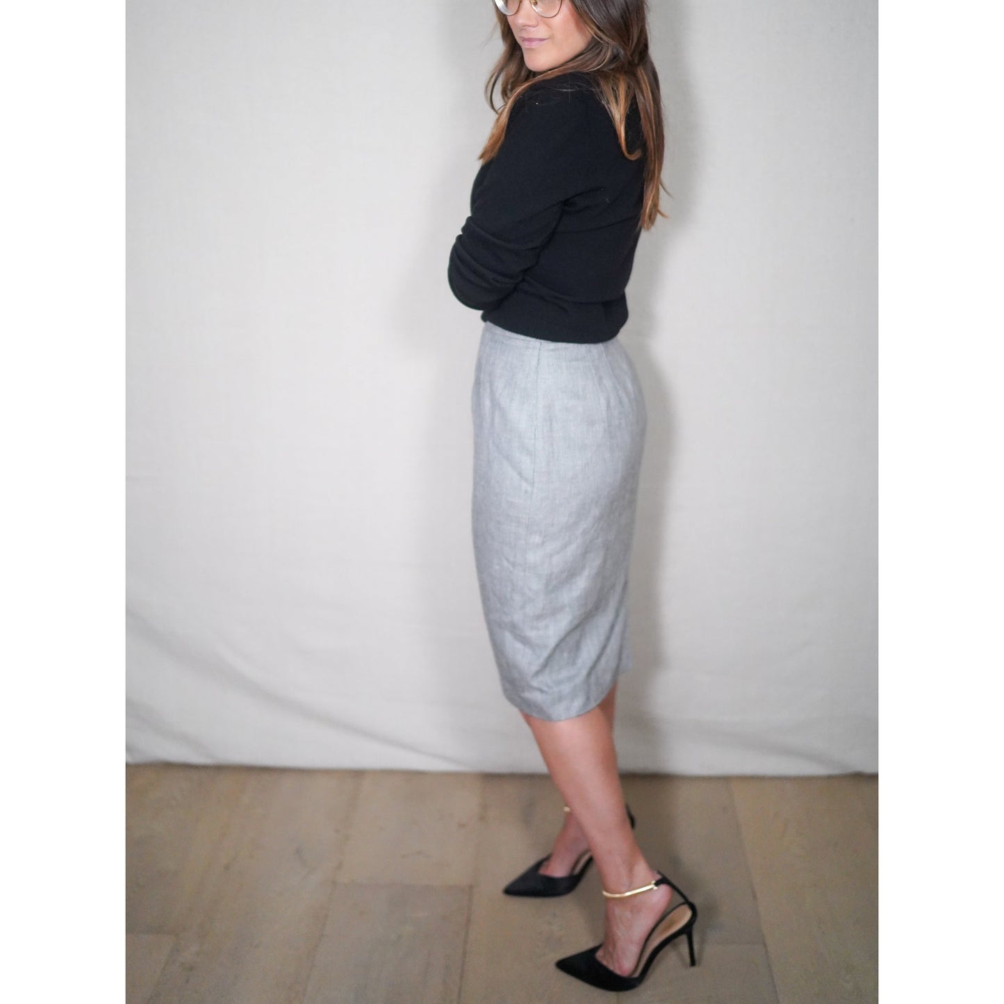 Vintage Pendleton Classic Gray Micro-Herringbone Tailored Midi Skirt