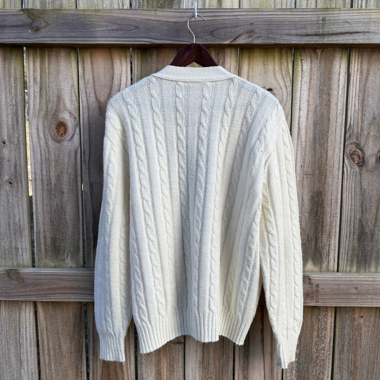 Vintage Cable Knit Cardigan – Cream Fisherman Wool, Slouchy Fit (Jantzen)