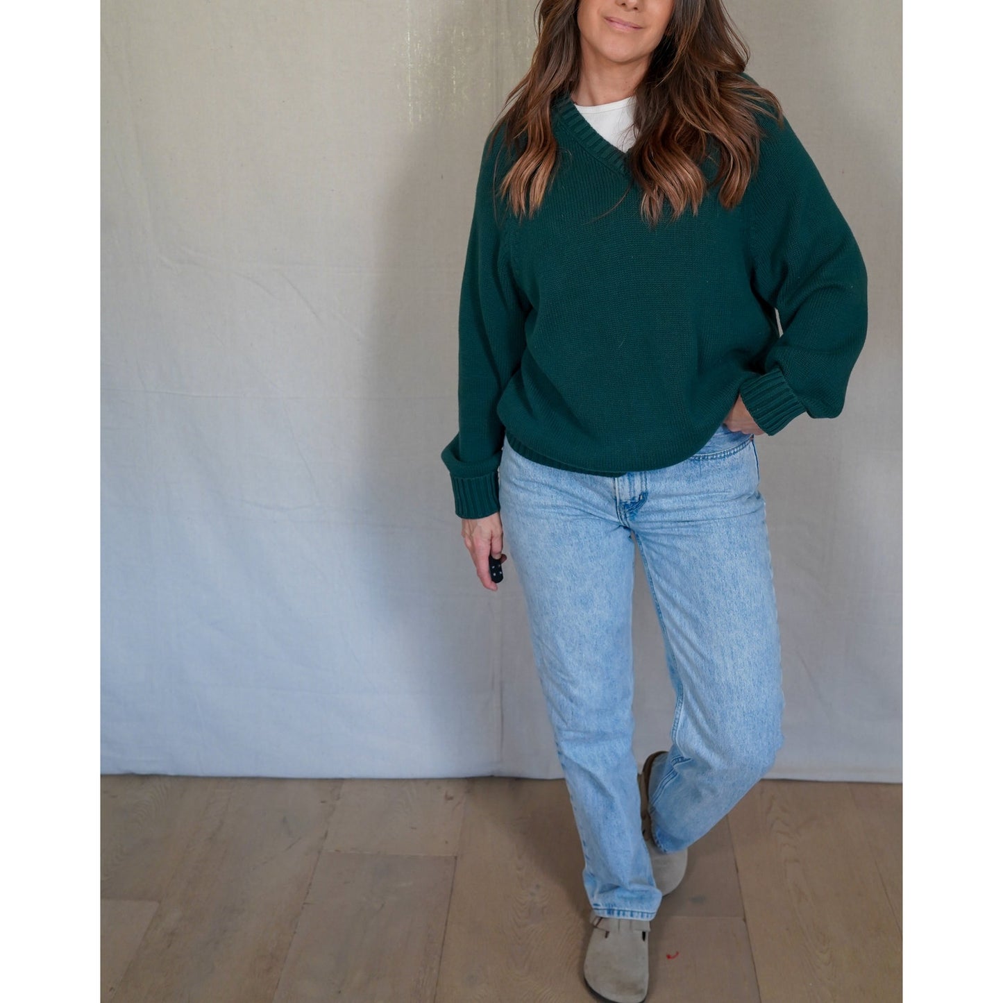 Forest Green V-Neck Cotton Sweater / Slouchy Classic / Lands’ End