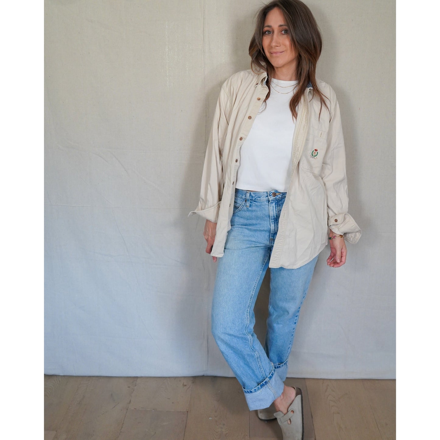 Vintage Chaps Ralph Lauren Beige Button Down / Crest Logo / Classic Cotton Shirt / Minimal Prep