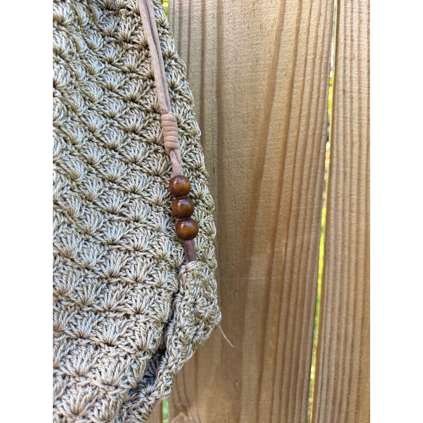 Neutral Crochet Drawstring Shoulder Bag with Wood Beads
