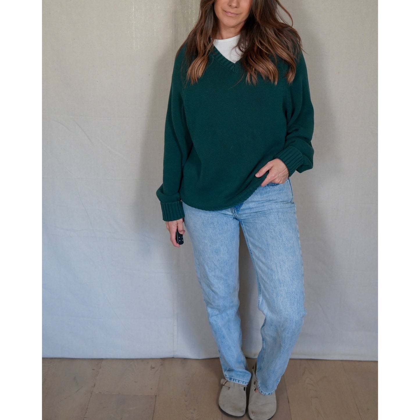 Forest Green V-Neck Cotton Sweater / Slouchy Classic / Lands’ End