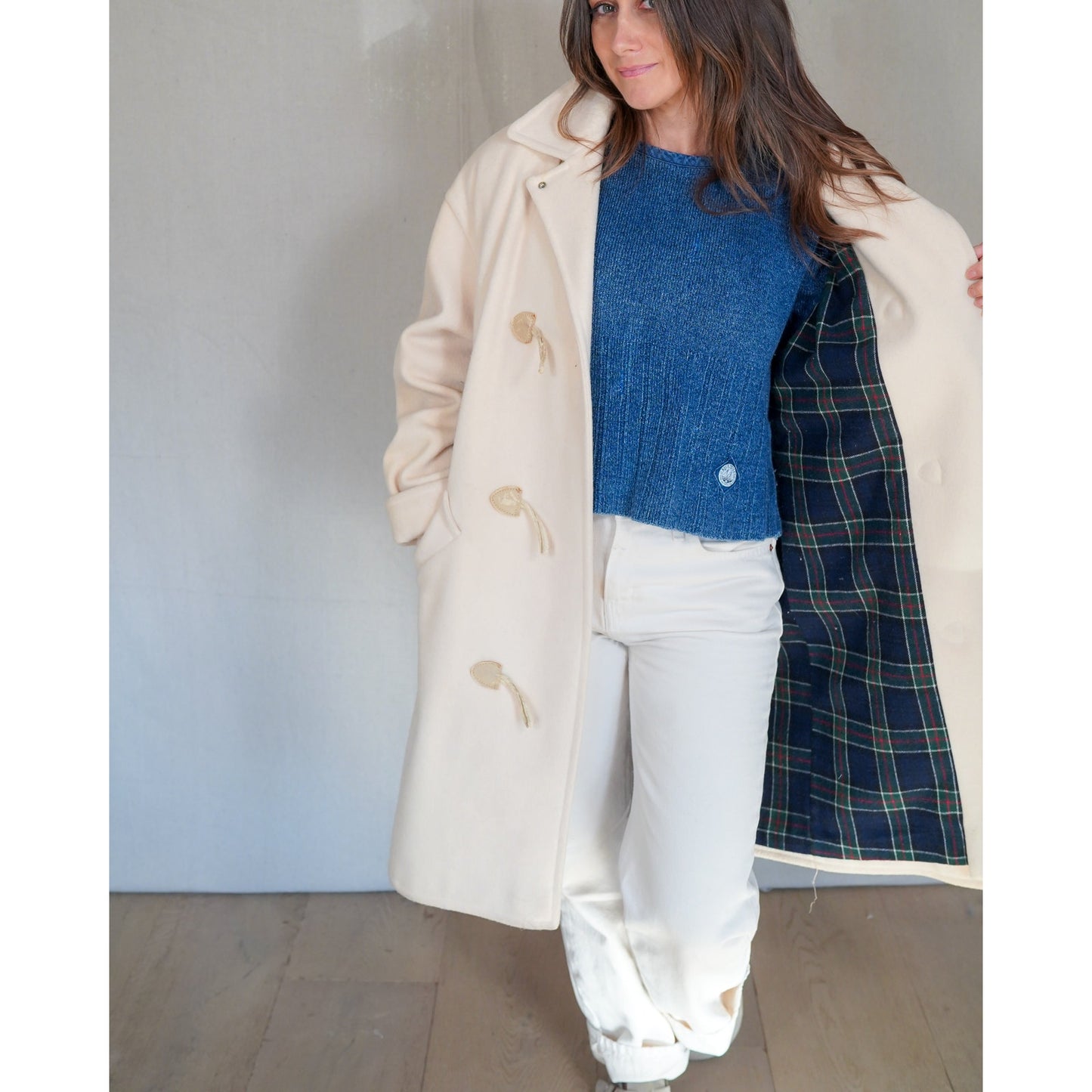 Vintage J.G. Hook Wool Duffle Coat Cream – Toggle Coat, Plaid Lined, Oversized Minimal, USA Made