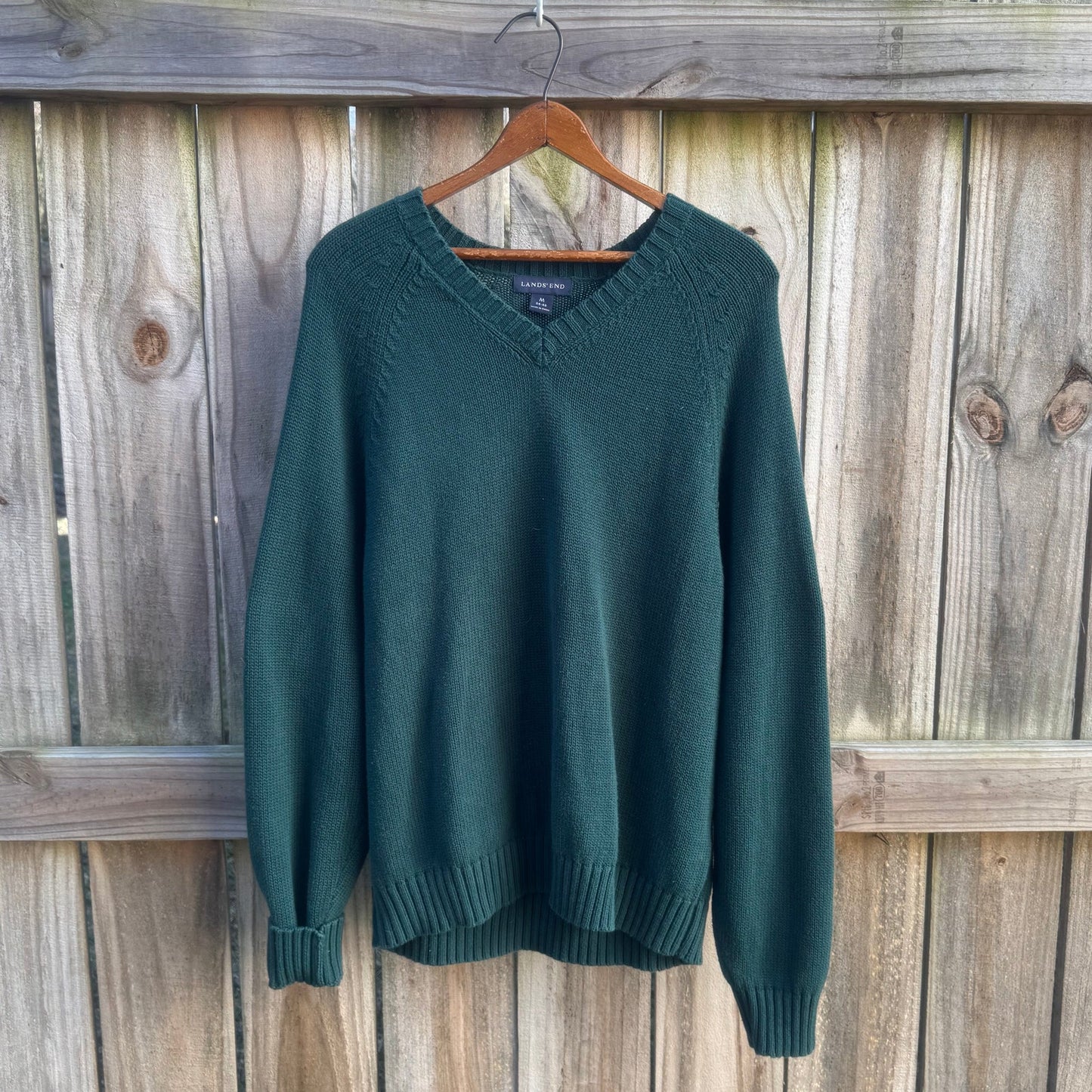 Forest Green V-Neck Cotton Sweater / Slouchy Classic / Lands’ End