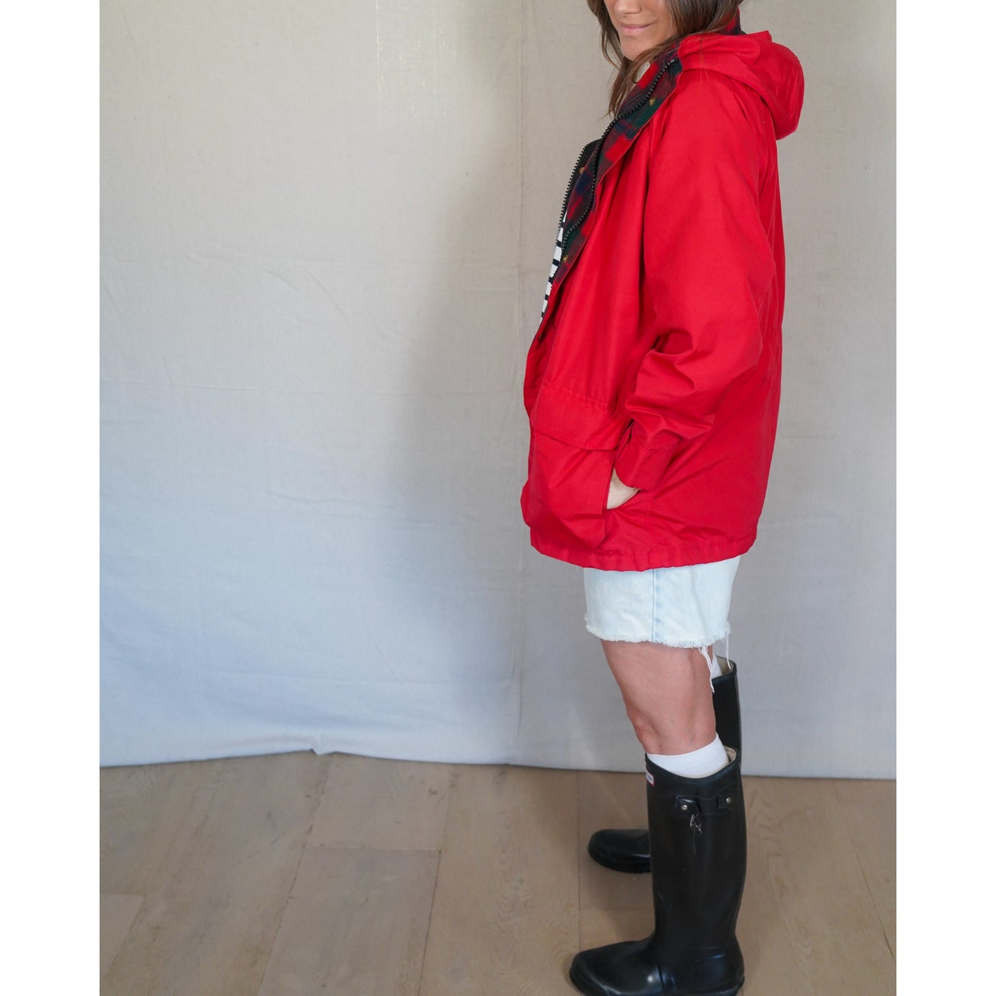 Woolrich Red Hooded Field Jacket / Plaid Lined Utility Coat