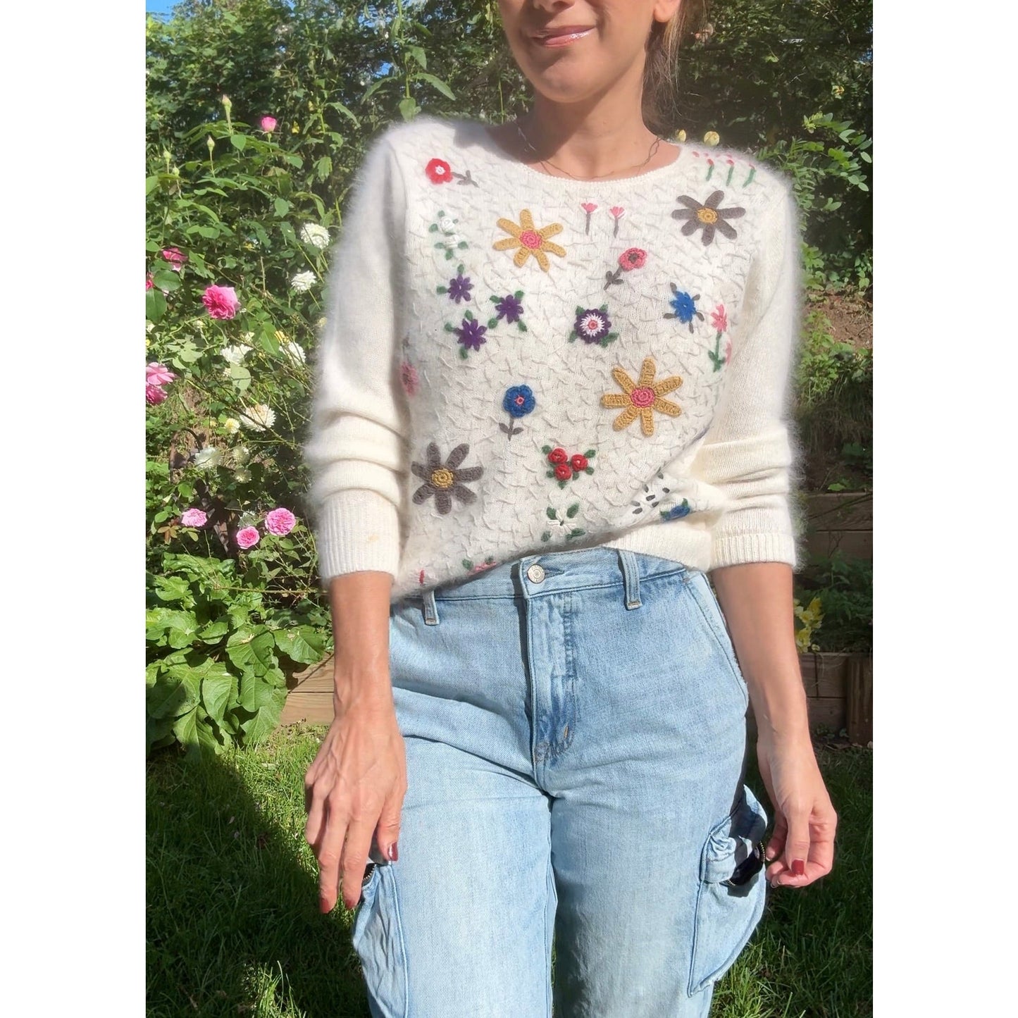 80s/90s Korean Floral Embroidered Lambswool Angora Sweater