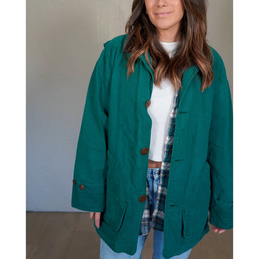 Vintage Green Barn Coat Jacket / Corduroy Collar / Plaid Lined / Chore Coat / Workwear