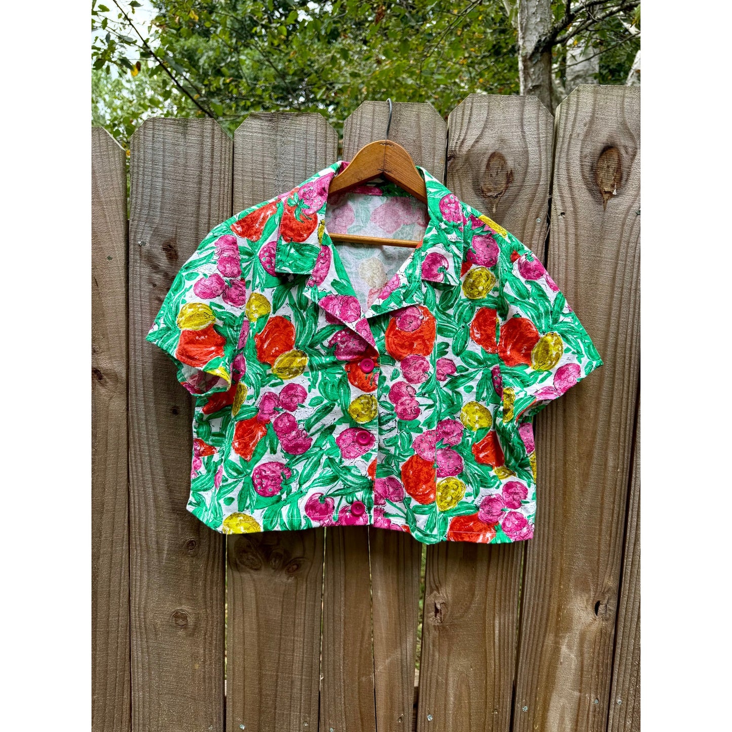 Sunday Honey Citrus Painterly Crop Shirt Reworked Vintage Fruit Print Retro