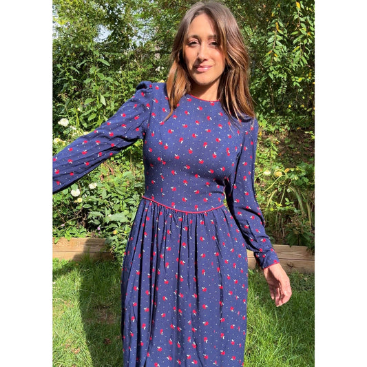 80s Lanz Originals Navy Rose Midi Dress - Simone Rocha - Vintage - Cottagecore