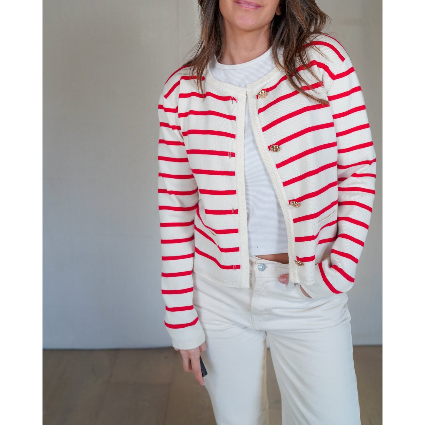 Red Stripe Knit Cardigan with Gold Buttons – Cream