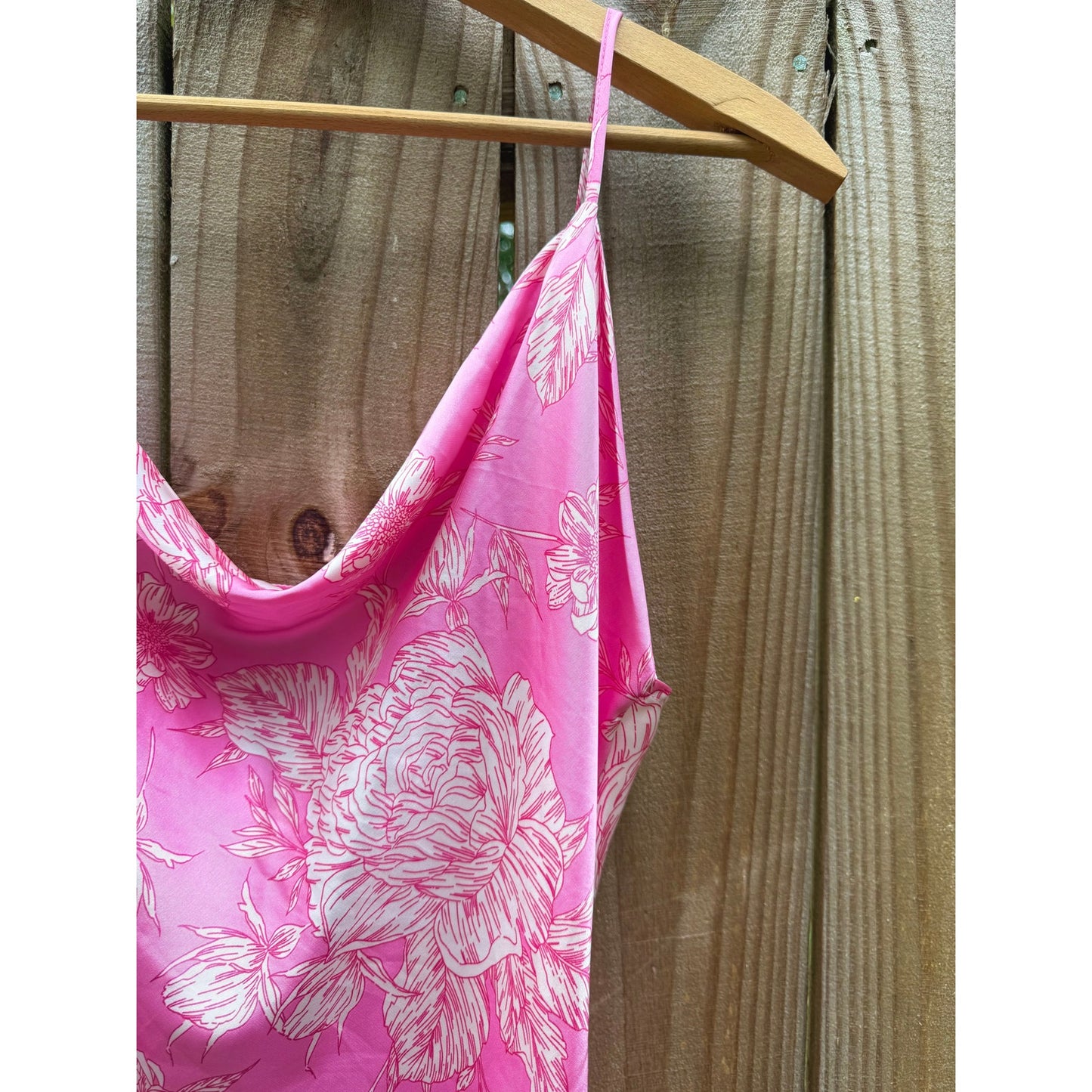 Pink Floral Slip Dress with Side Slit – Satin Look