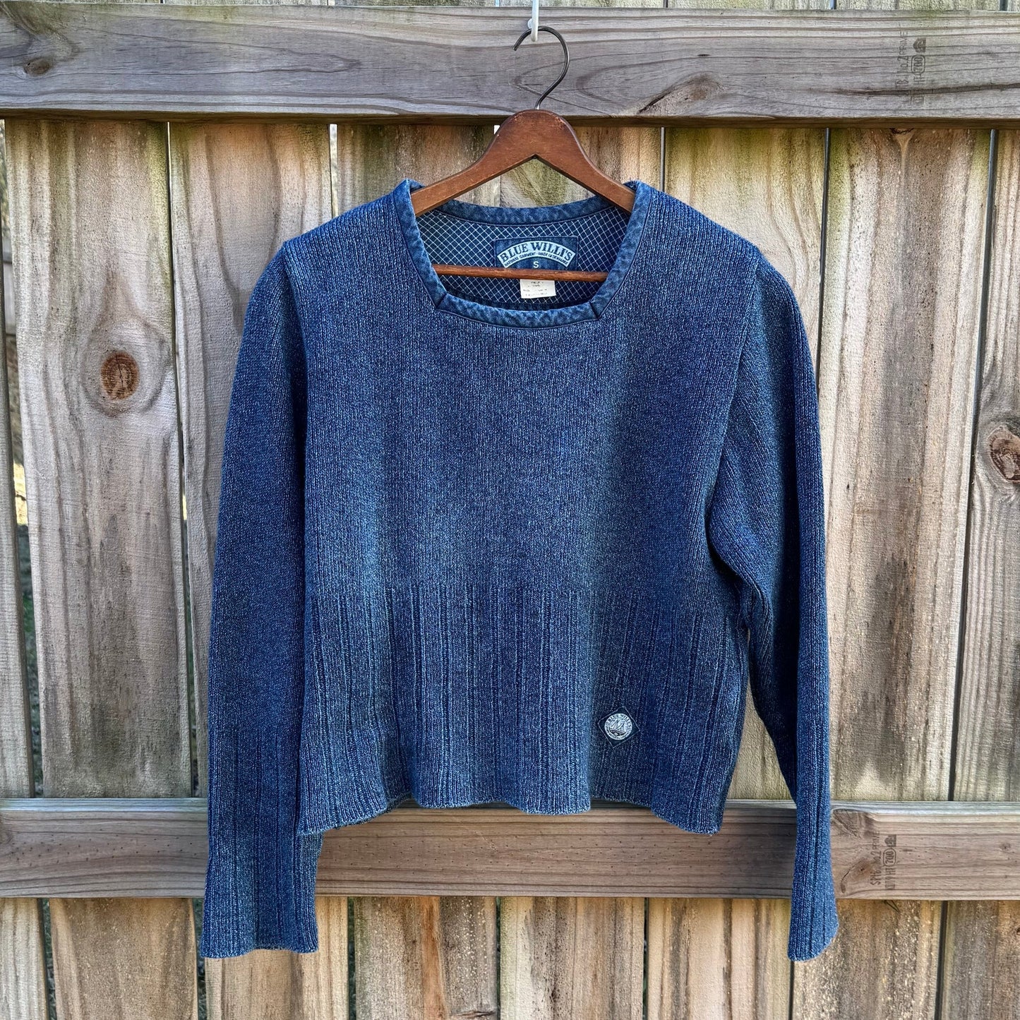 Vintage Blue Willis Cotton Knit Sweater – Cropped Fisherman Style, Textured Indigo, Coastal Minimal, Boxy Fit