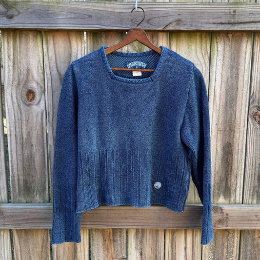 Vintage Blue Willis Cotton Knit Sweater – Cropped Fisherman Style, Textured Indigo, Coastal Minimal, Boxy Fit