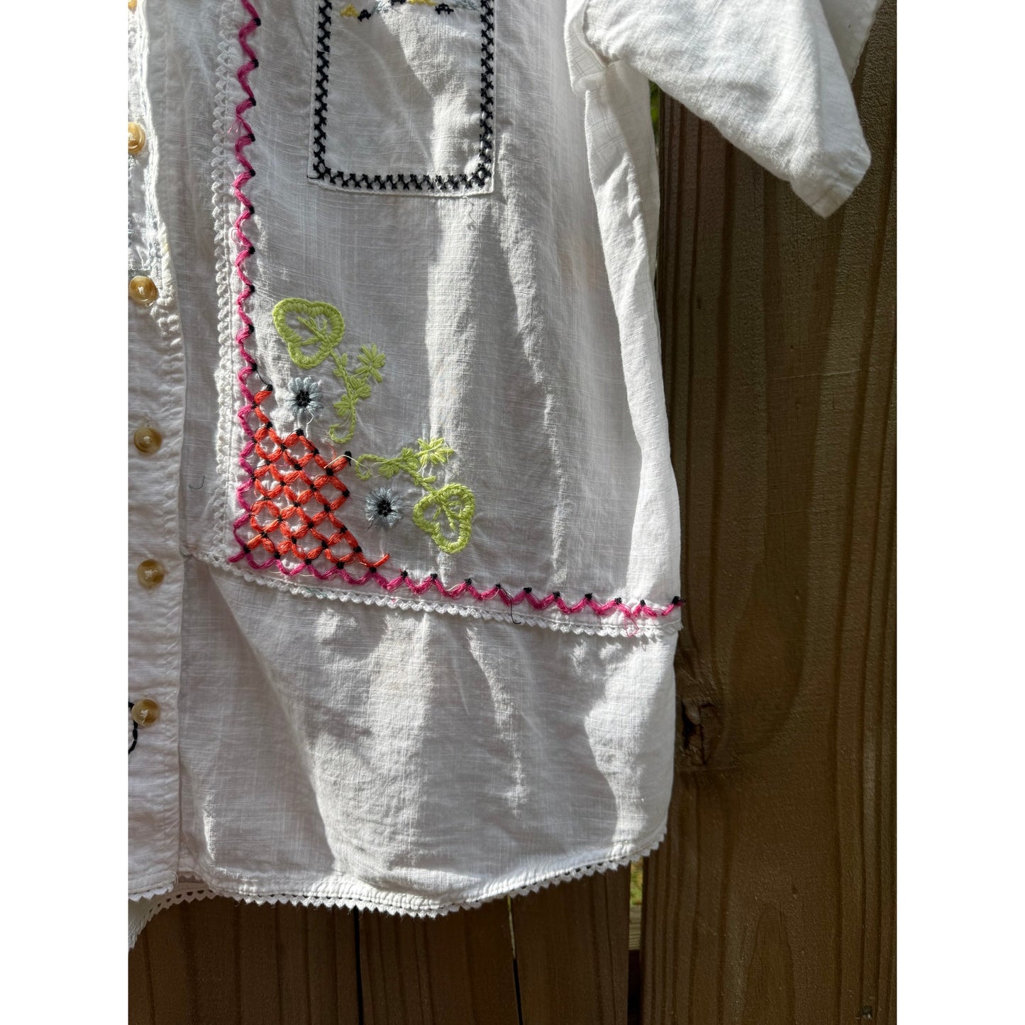 Embroidered Patchwork Embroidered Cotton Camp Shirt – White with Multicolor Florals