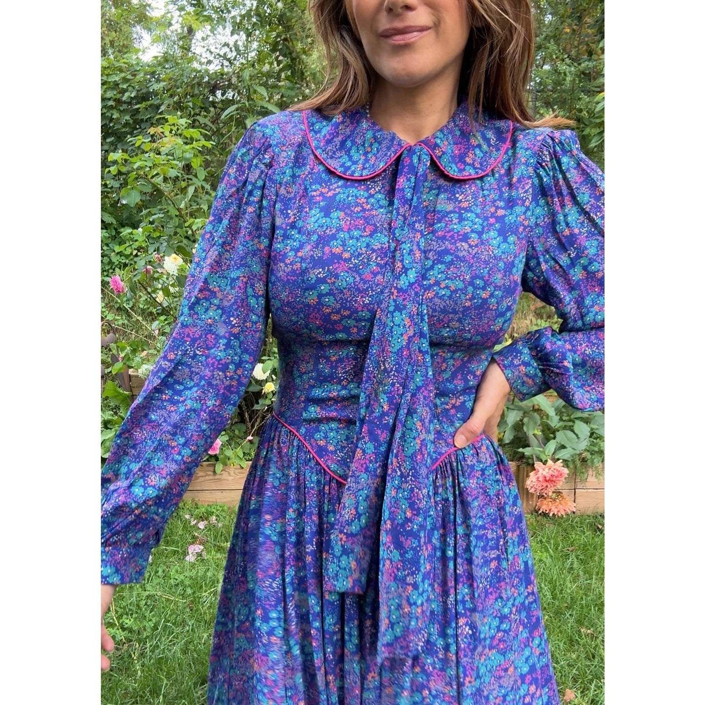 1980s Violet Prairie Dress, Peter Pan Collar, Floral Print
