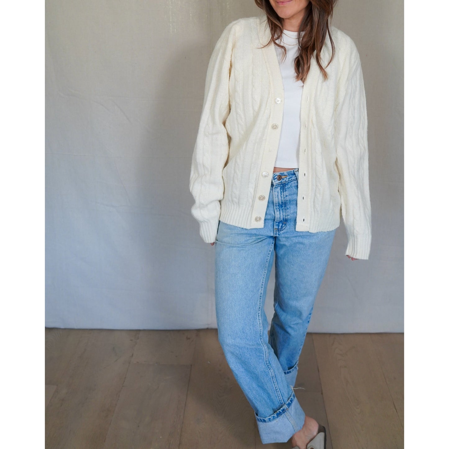 Vintage Cable Knit Cardigan – Cream Fisherman Wool, Slouchy Fit (Jantzen)