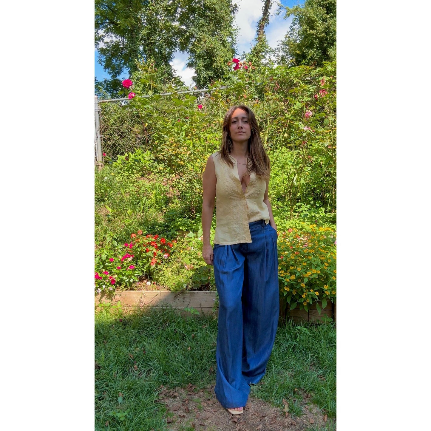 Linen-Blend Pin-Tucked Button Top – Solstice Last Light