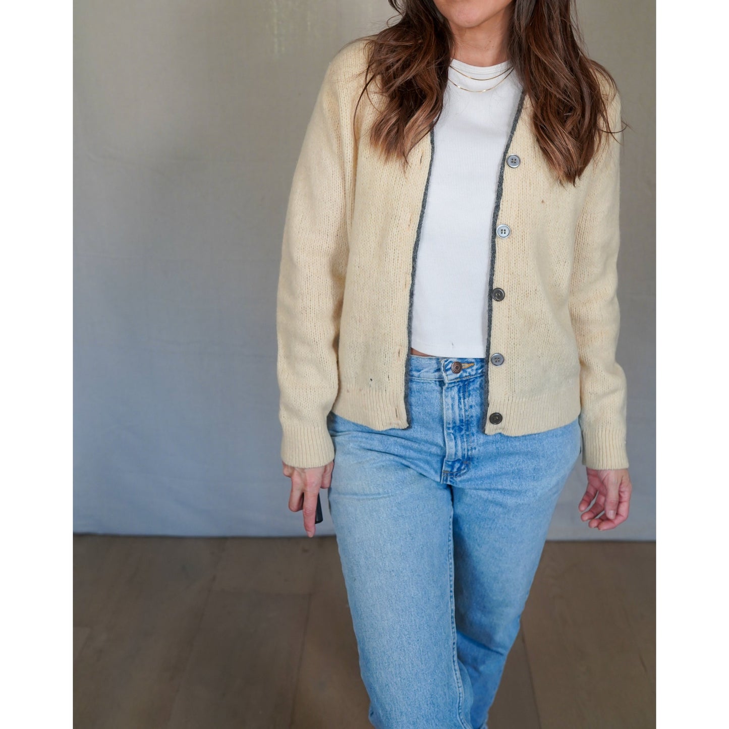 Vintage Shetland Wool Cardigan – Cream Open Front, Textural Knit (Kenwyn)