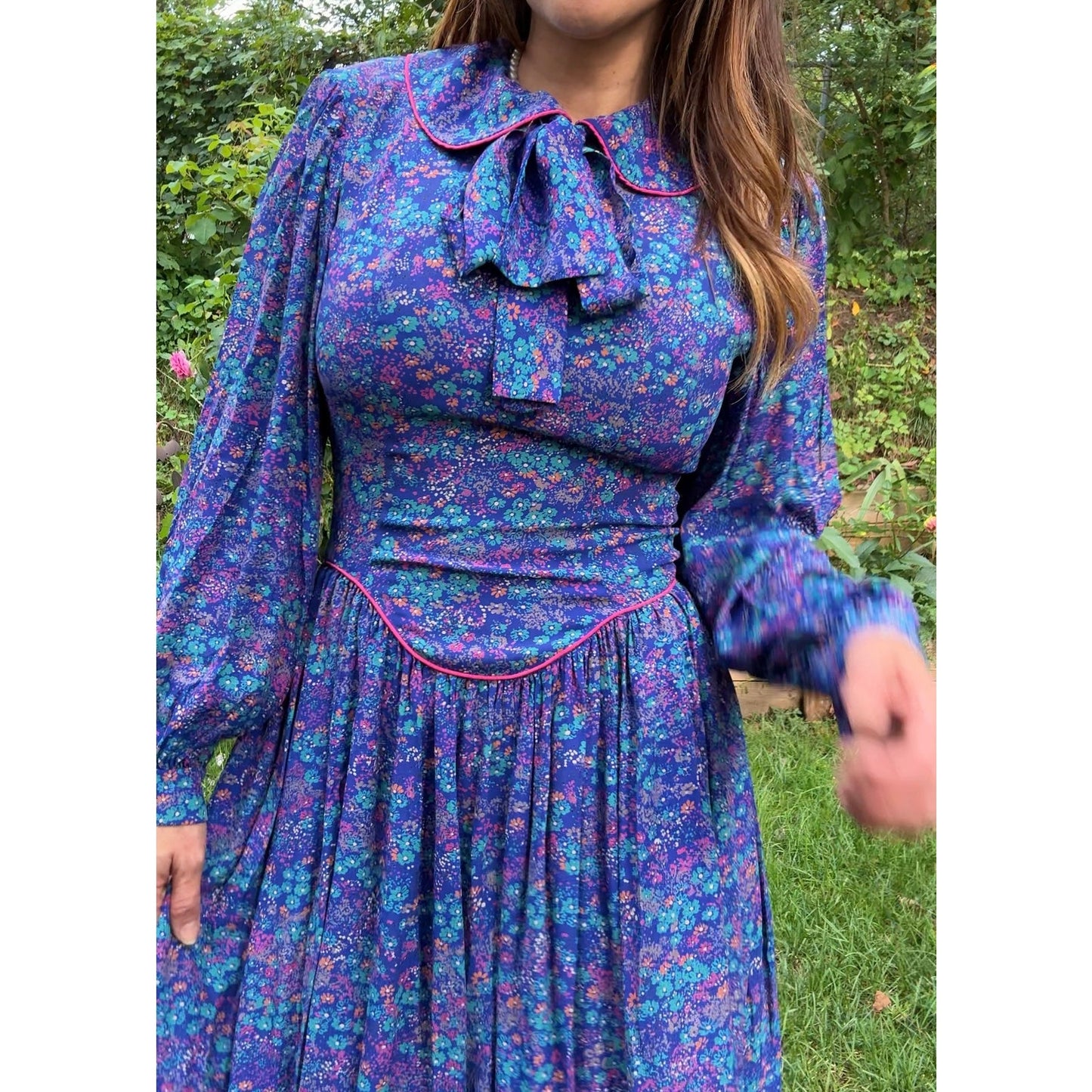 1980s Violet Prairie Dress, Peter Pan Collar, Floral Print
