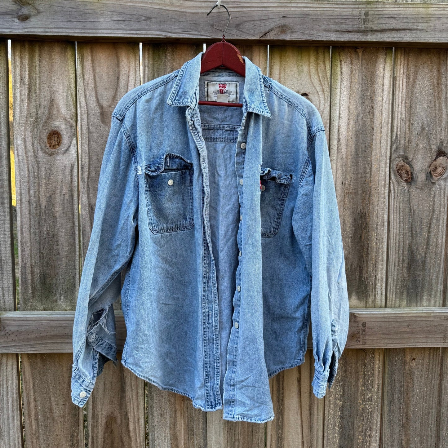 Vintage Levi’s Cotton Denim Shirt Light Wash Distressed Elbow Size L