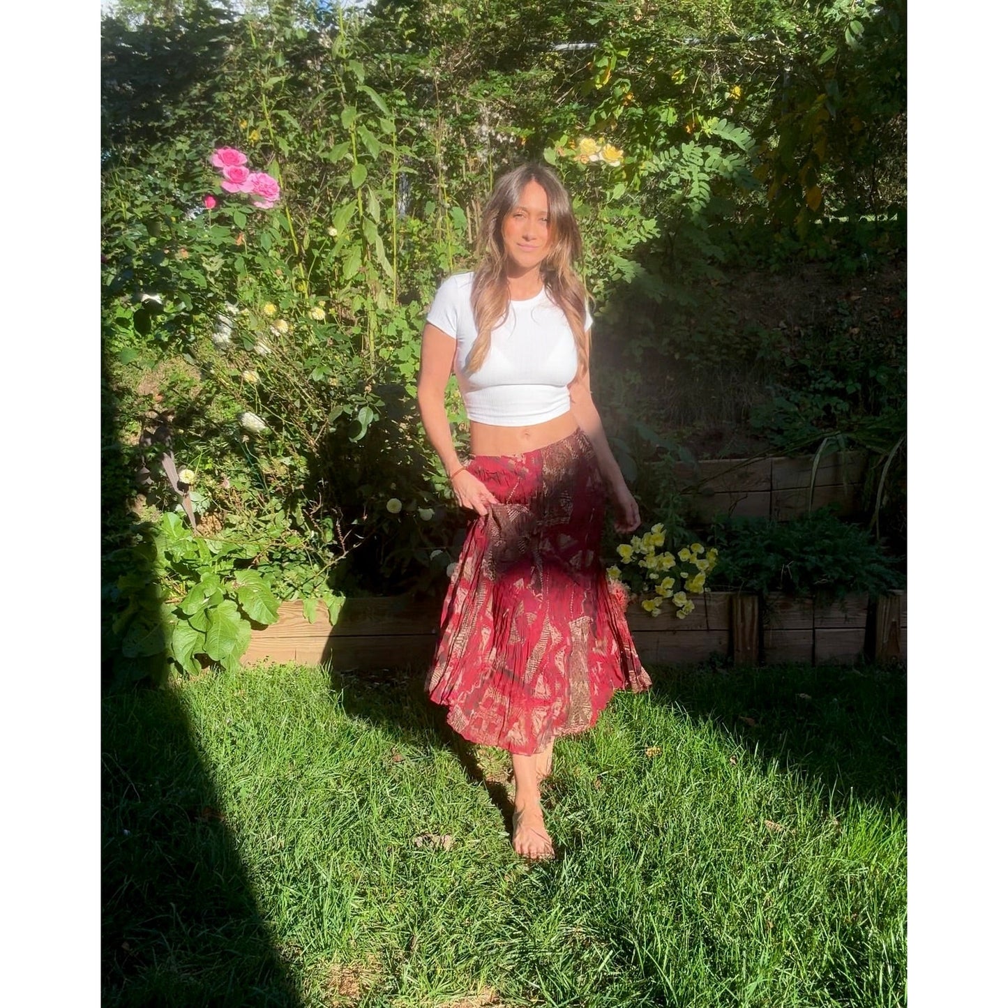 Bohemian Sunset Pleated Maxi Skirt Red