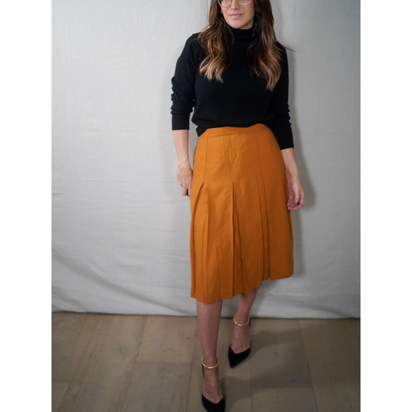Mustard Pleated Midi Skirt | Tailored Front Pleat, Soft A-Line Shape