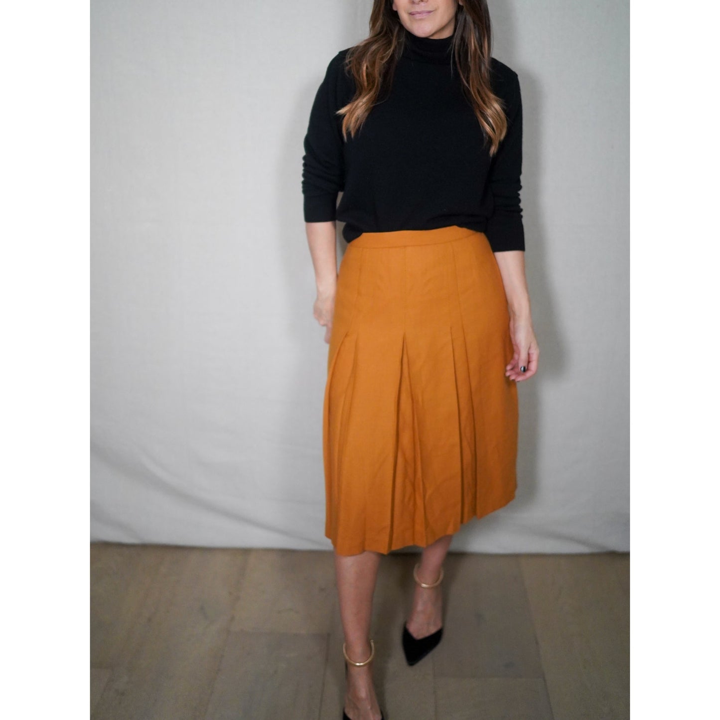 Mustard Pleated Midi Skirt | Tailored Front Pleat, Soft A-Line Shape