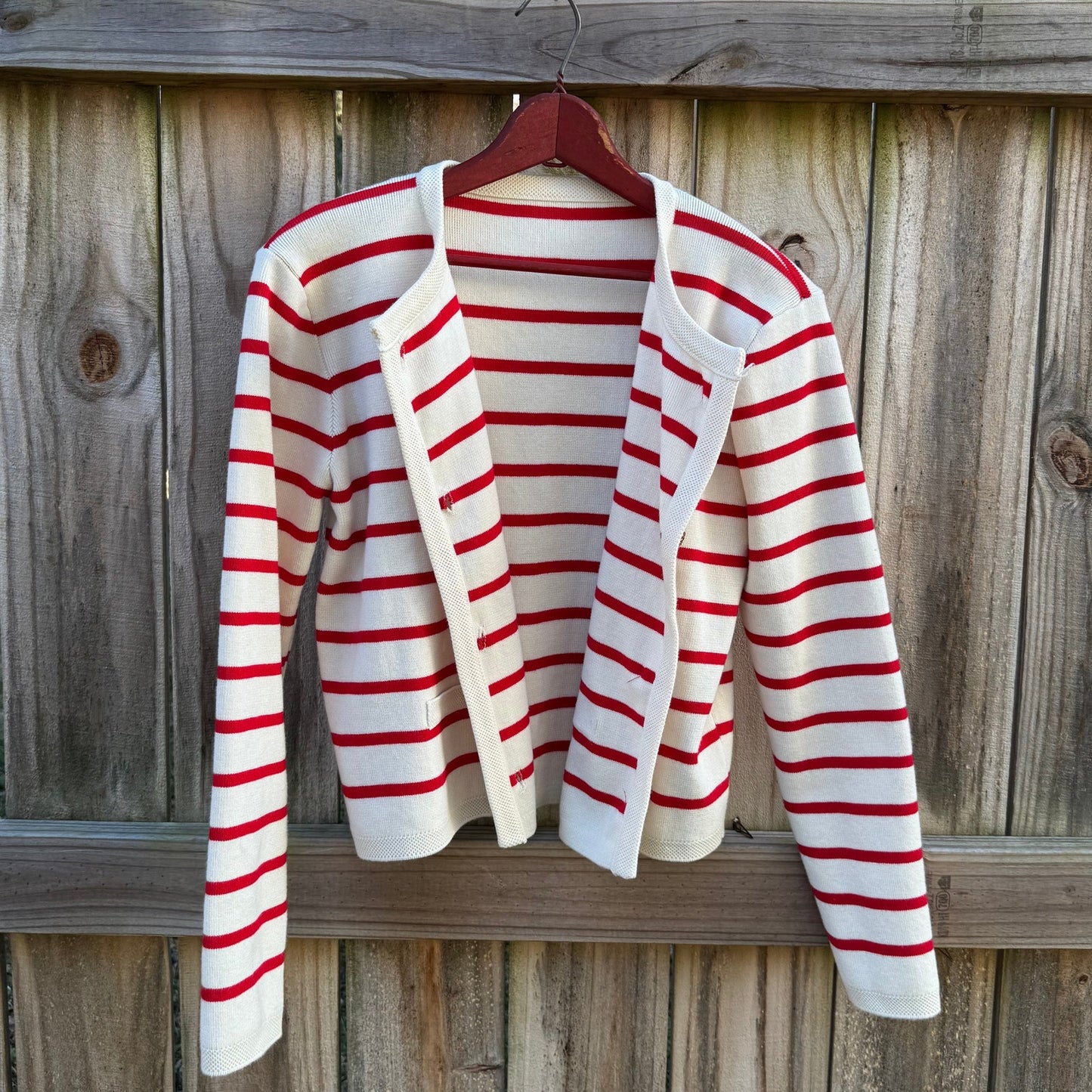 Red Stripe Knit Cardigan with Gold Buttons – Cream