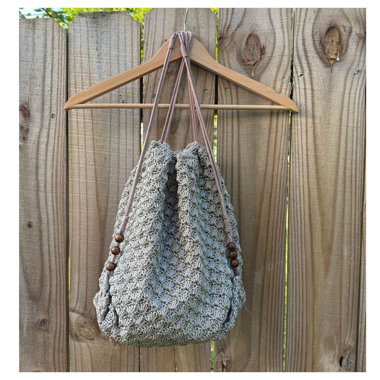 Neutral Crochet Drawstring Shoulder Bag with Wood Beads