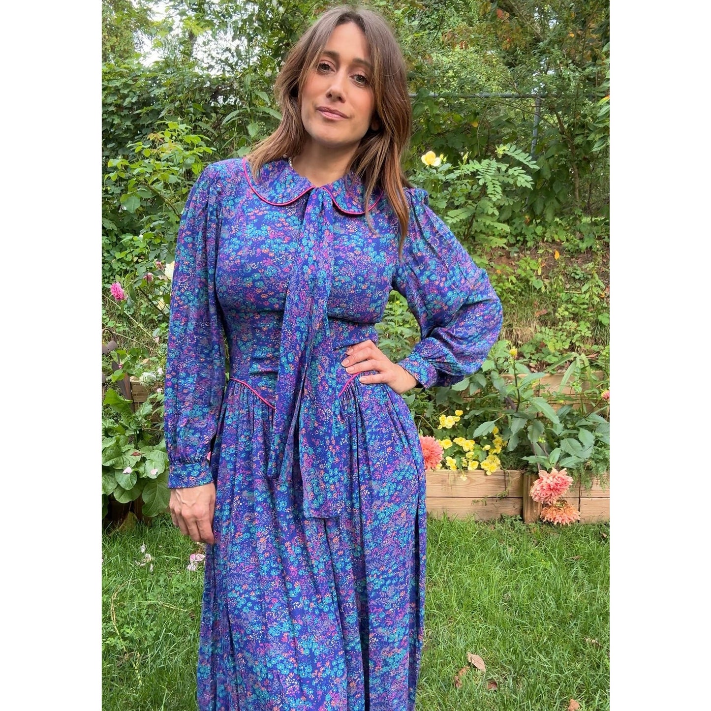 1980s Violet Prairie Dress, Peter Pan Collar, Floral Print