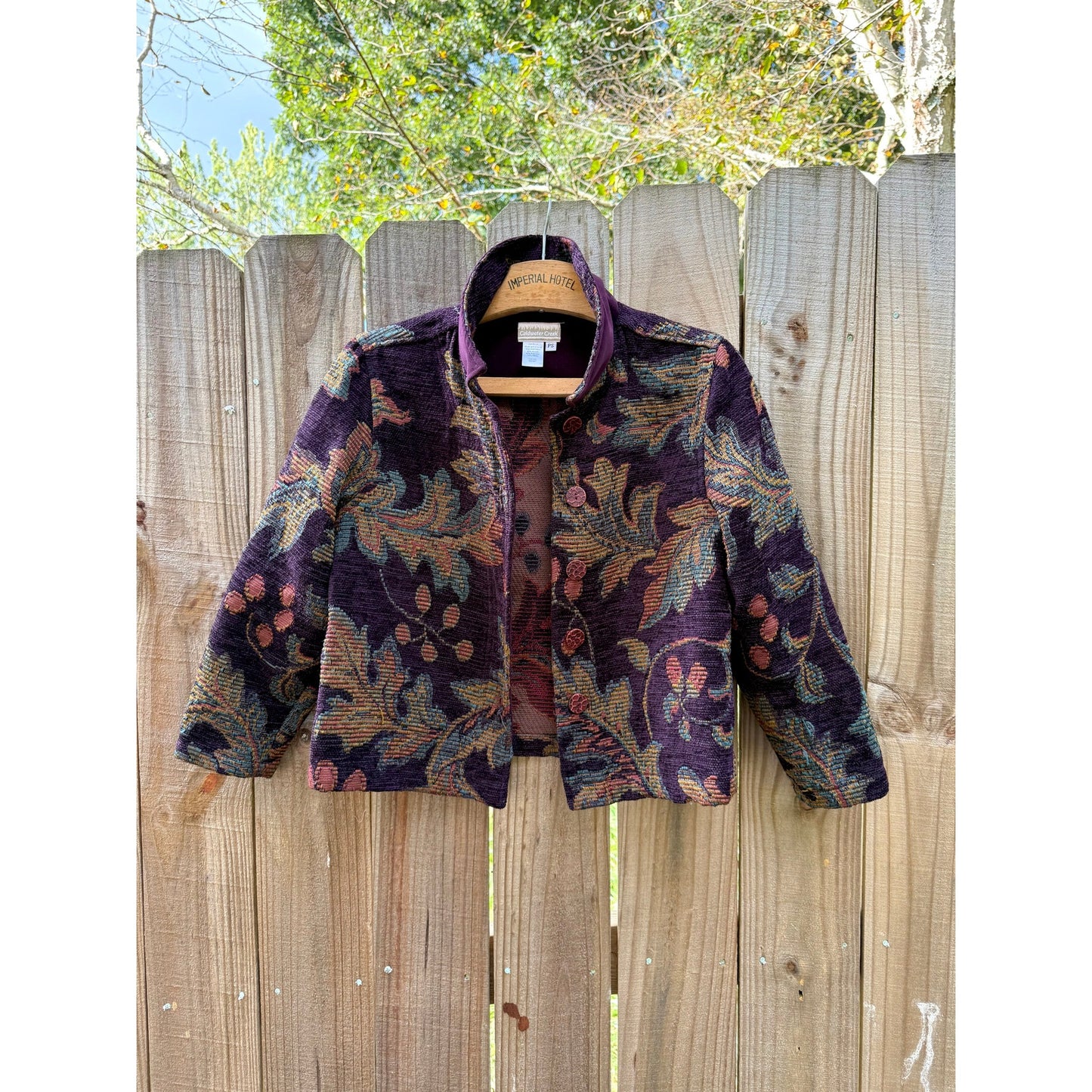 Tapestry Blanket Jacket — Plum + Olive Weave