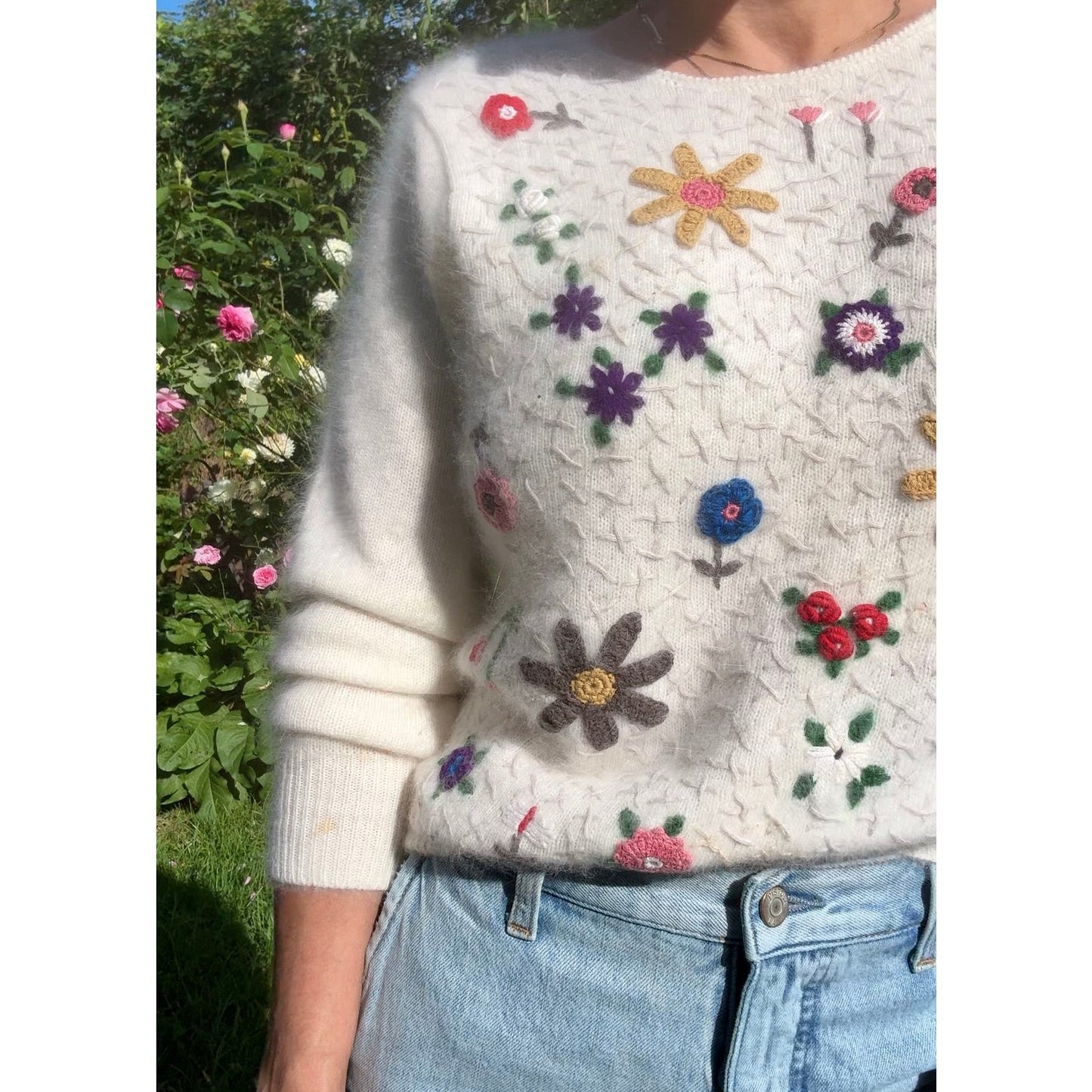 80s/90s Korean Floral Embroidered Lambswool Angora Sweater
