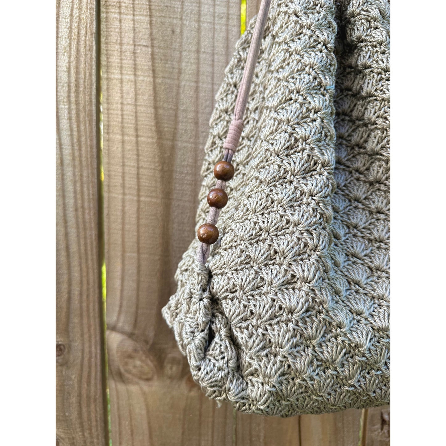 Neutral Crochet Drawstring Shoulder Bag with Wood Beads