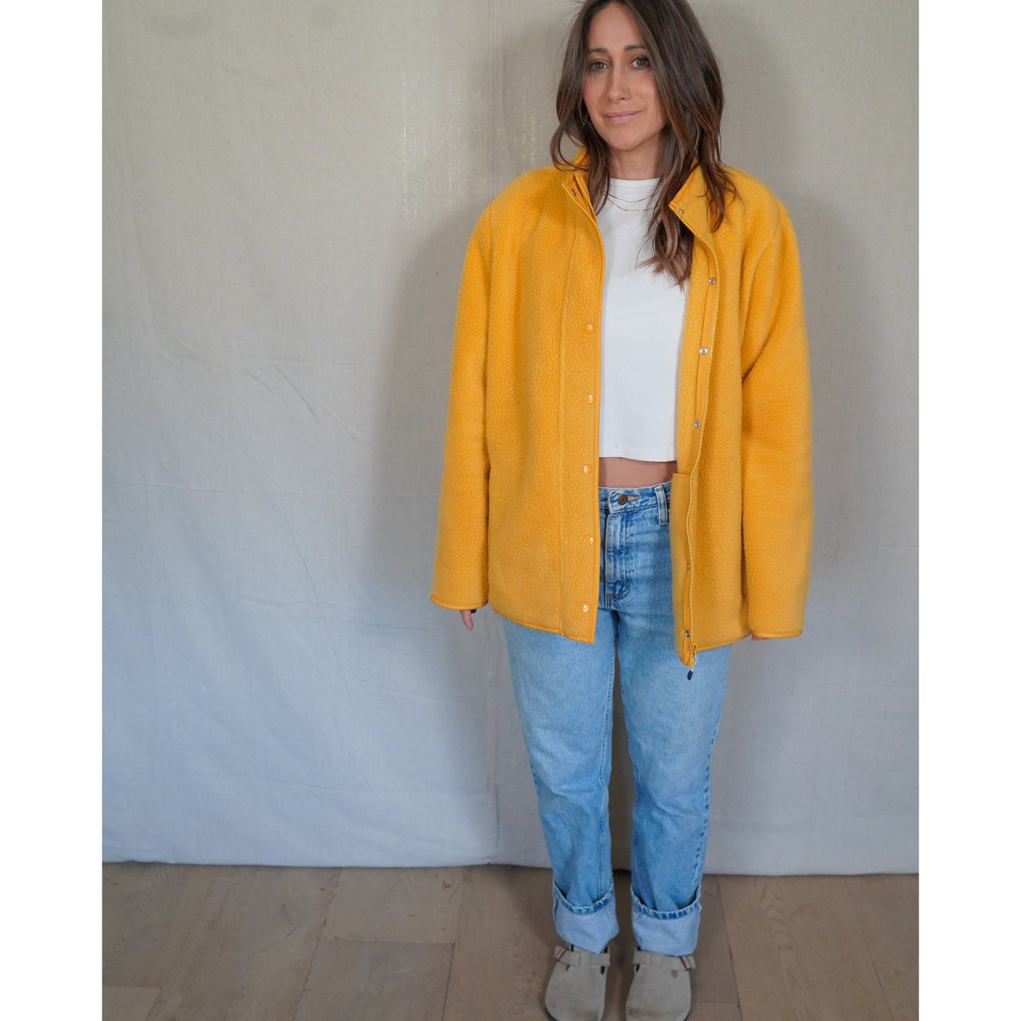 Mustard Yellow Fleece Jacket / Snap Front / Minimal Outdoor Layer